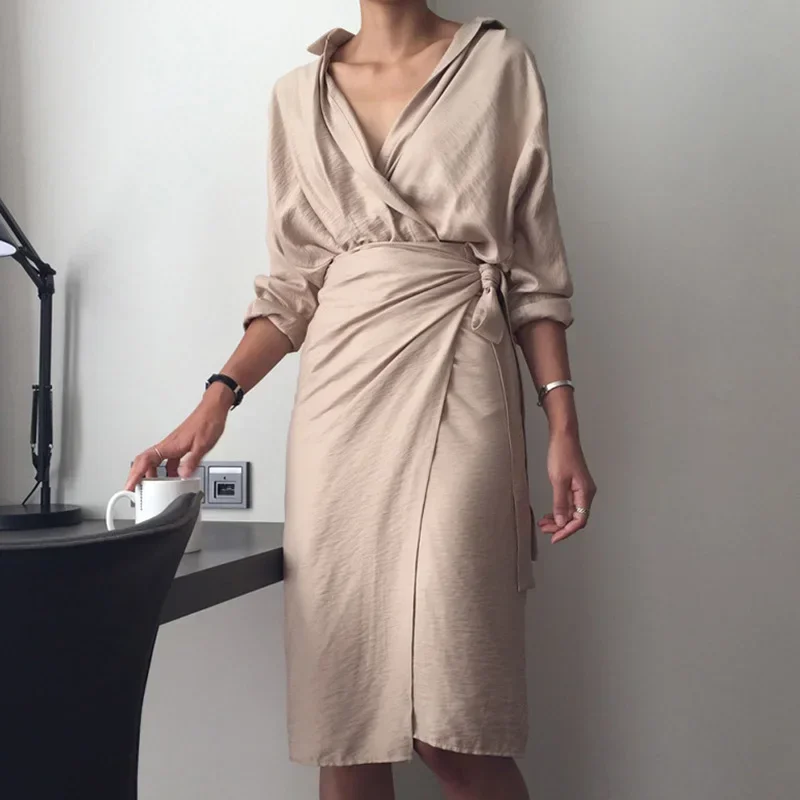 2024 Retro Mid-length Dress Vestidos Mujer Chic V Neck Wrap Dress Ladies Solid Color Long Sleeve Elegant Office Ladies Dress