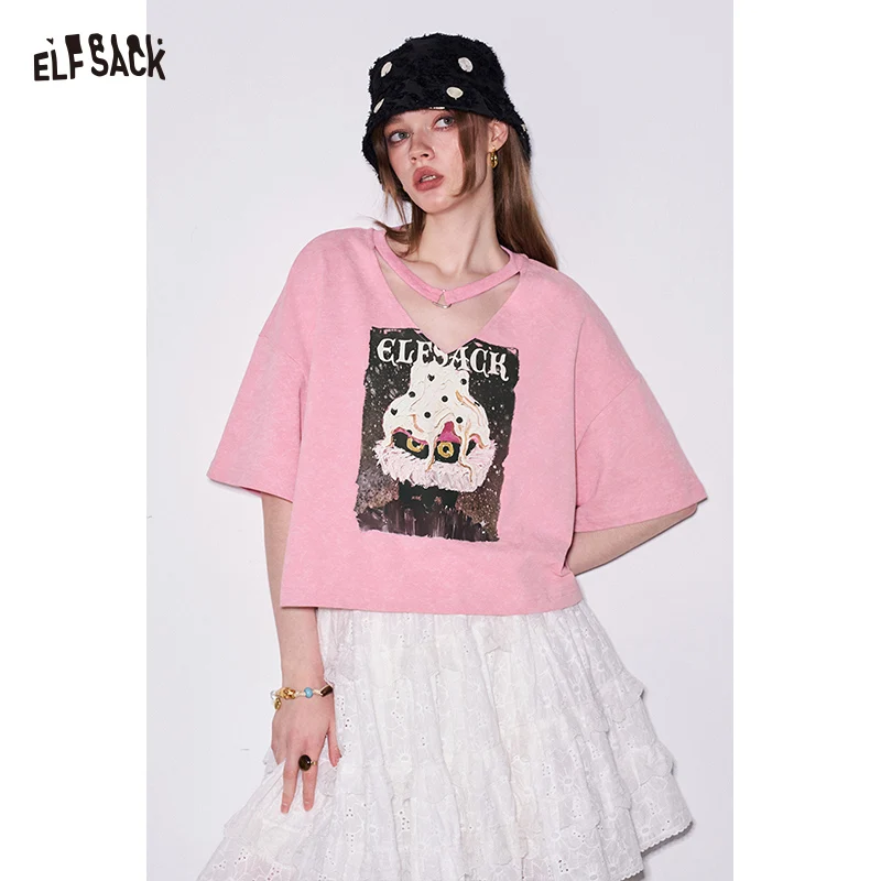 

ELFSACK Monster Cat Print Crop T-Shirt, V-Neck Short Sleeve Loose Tee, Cute Gothic Casual Top for Women