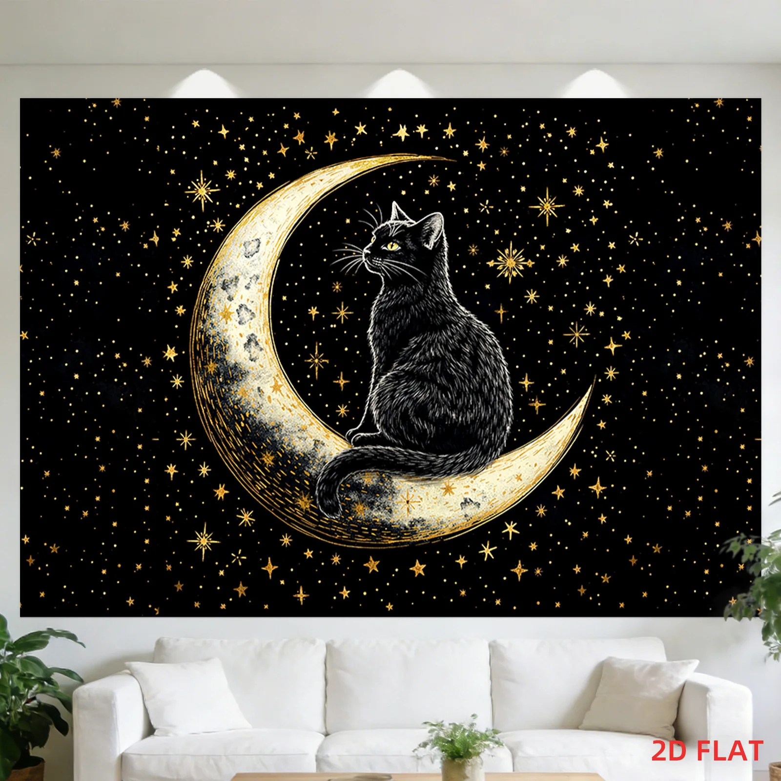 Aesthetic Cosmic Cat and Moon Tapestry Wall Hanging Celestial Star Night Sky Boho Decor Art Large Size 180x280cm Room Decor