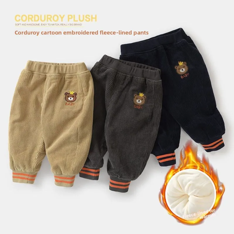 2026  Kids Warm Pants Autumn Winter Girls Thicken Trousers Baby Boys Cute Bear Print Children Casual Harem Pants
