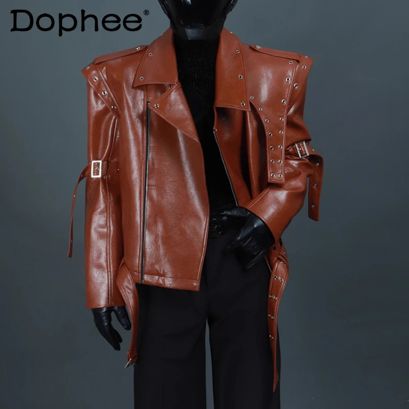 

2025 мужские осенние новые ретро ремни на молнии из искусственной кожи нестандартной формы, модные однотонные мотоциклетные куртки с подкладкой на плечо, уличные мотоциклетные куртки