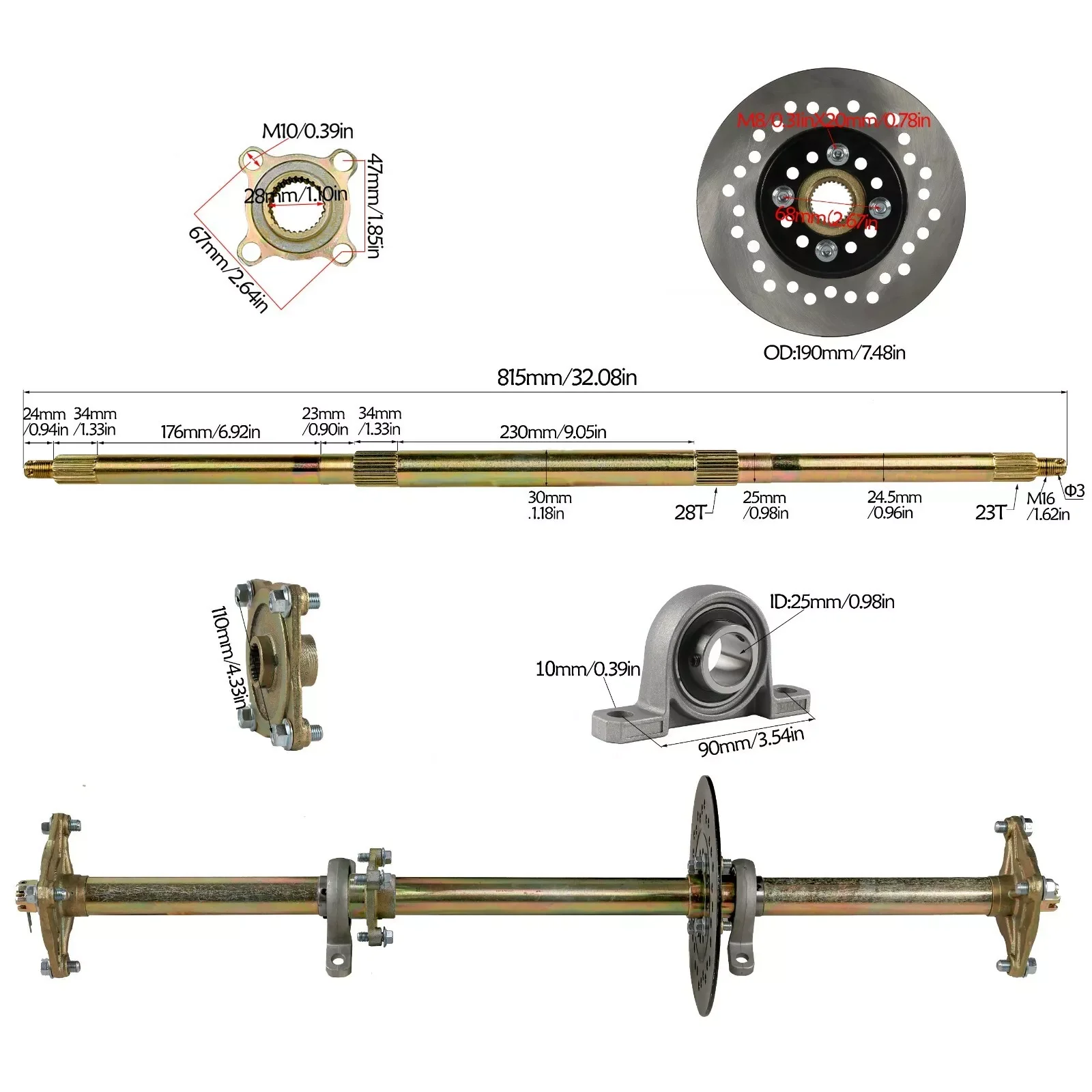 810mm ATV Go Kart Rear Axle 420 Sprocket Kit & 2 Pack 16x8-7 Wheels&Brake for  DIY Drift Trike ATV Quad Golf Cart Buggy