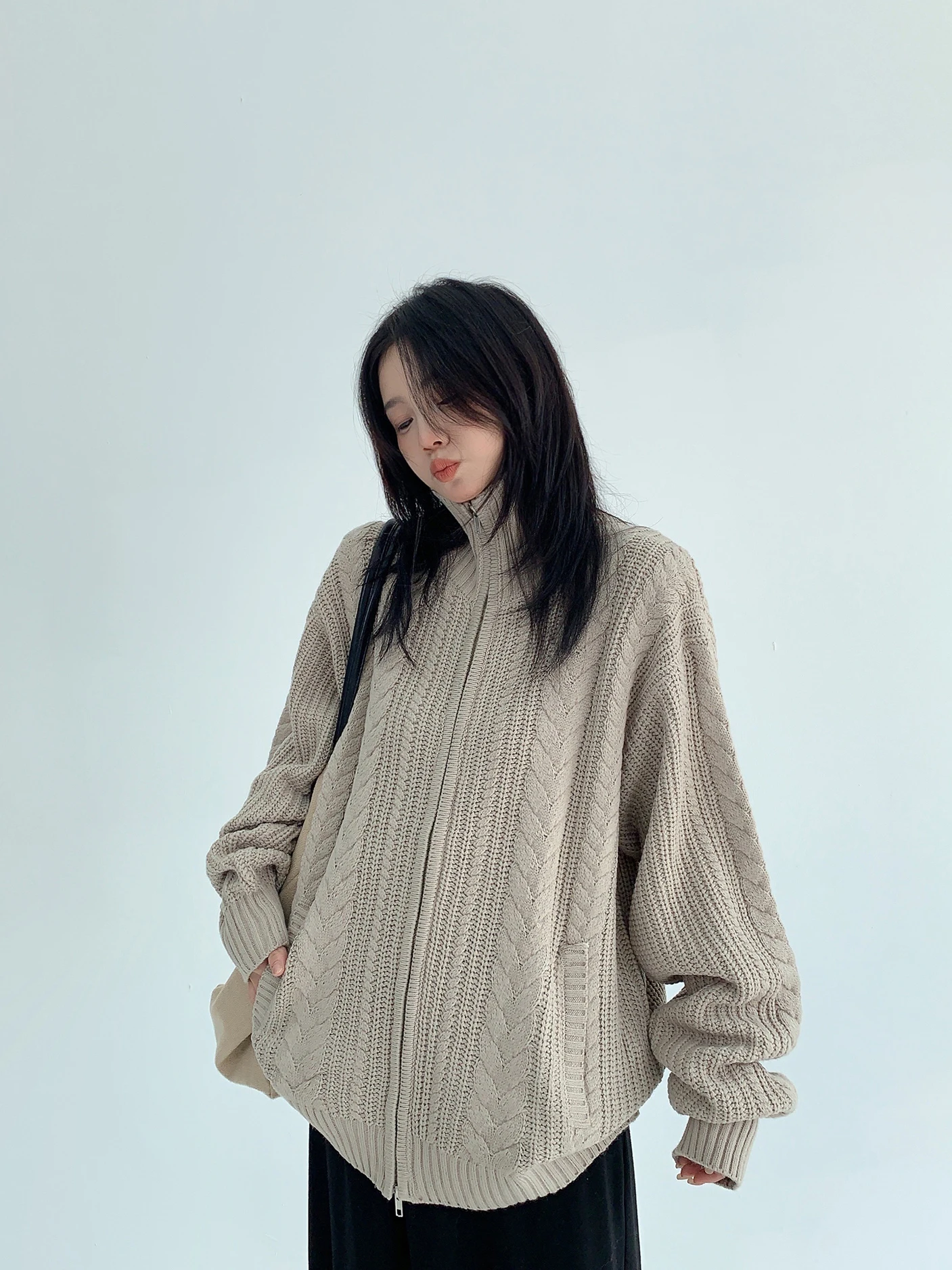 

Loose Knitted Zipper Sweater Women's Vintage Sle Casual Comfortable Polyester Fiber Long Sve Cardigan Spring Faion