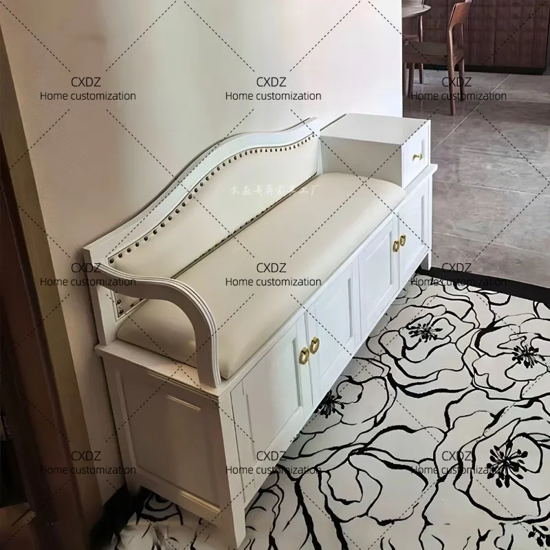 White solid wood backrest leather art changing entrance storage shoe cabinet stool integrated storage sofa stool