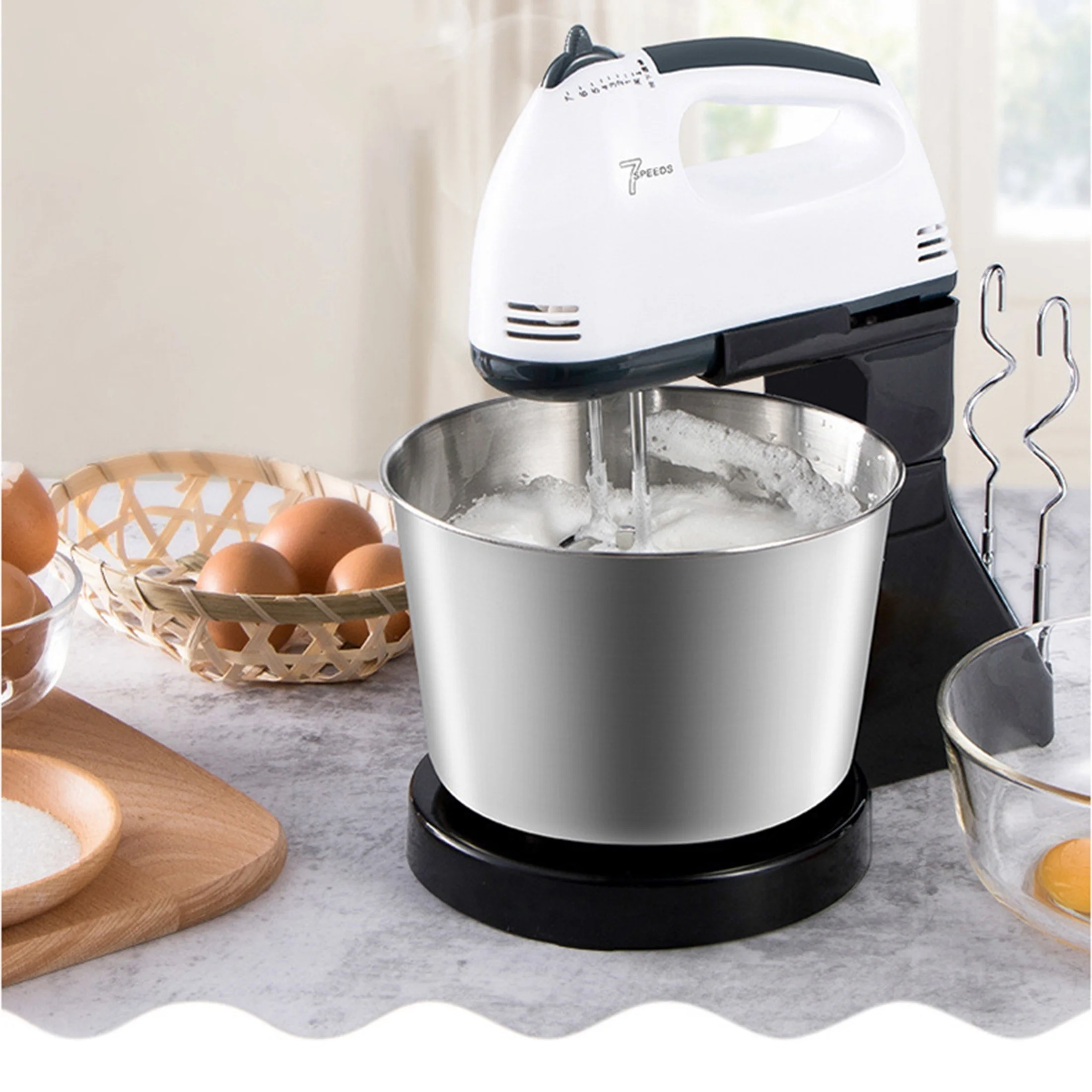 1PC-Electric egg beater, household electric handheld mixer, automatic desktop egg beater with bucket and noodle machine