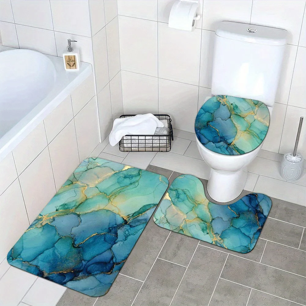 

3pcs Soft & Absorbent Plush Bath Mats Non-Slip, Washable, Comfortable, Blue And Green Golden Plated Marble Bath Blanket for