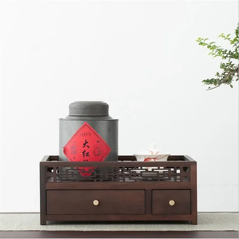 Solid Wood Walnut Tea Set Storage Box Desktop Organizer for Tea Cakes Multi-functional Small Bogu Rack Home Tea Room Decor