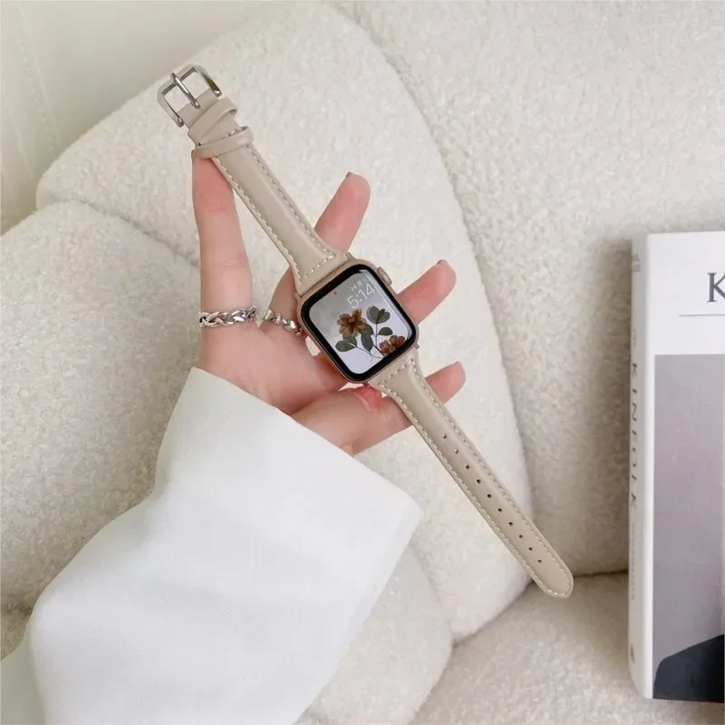 Slim Leather Strap For Apple Watch Band 44 40 41mm 42mm 38mm 49mm 44mm Bracelet Apple watch 8 45mm bands Ultra 9 7 se 3 4 6 Belt image 3