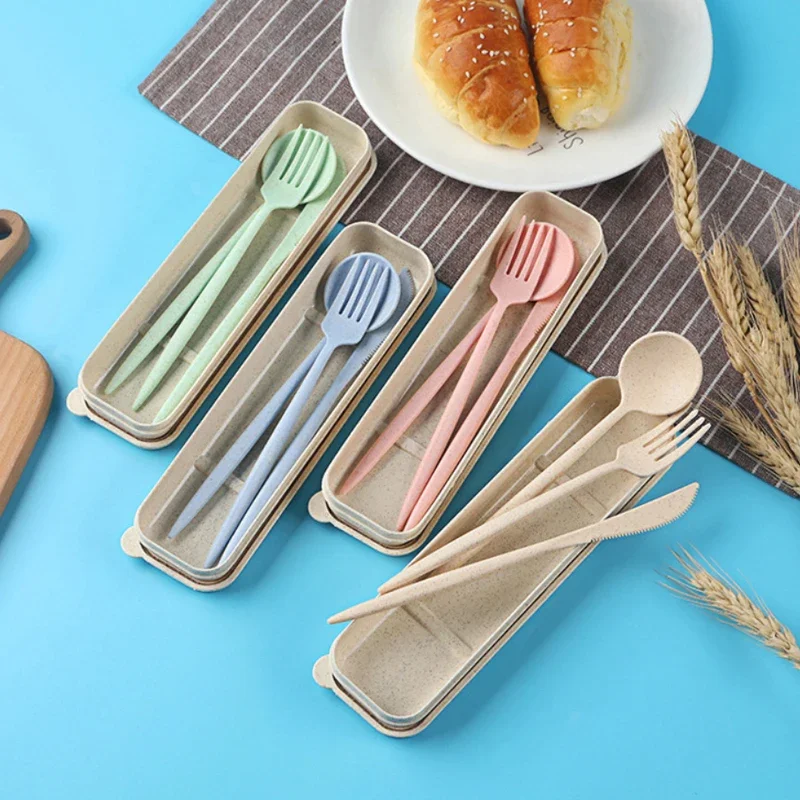 Wheat straw cutlery set fork spoon knife three-piece set for work travel portable set Japanese wheat cutlery box