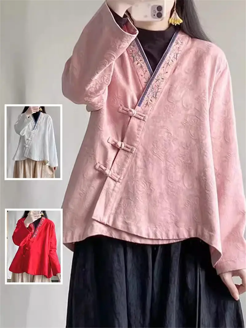 

Chinese Style Cotton And Linen Embroidered Shirt Oversized Women's Clothing Slanted Casual Jacquard Top Spring Autumn Jacket Z49