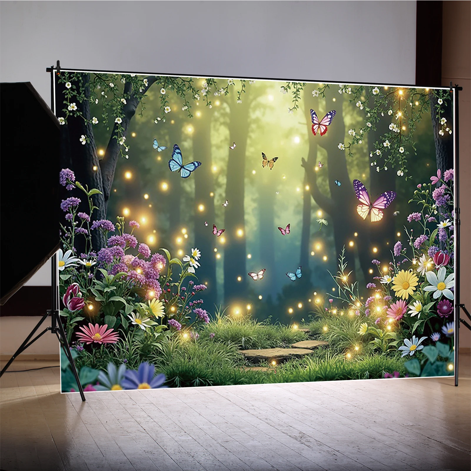 MOON.QG Magical Forest Background Photography Fairy Tale Butterfly Trees Flower Glitter Backdrop Birthday Baby Shower Photobooth