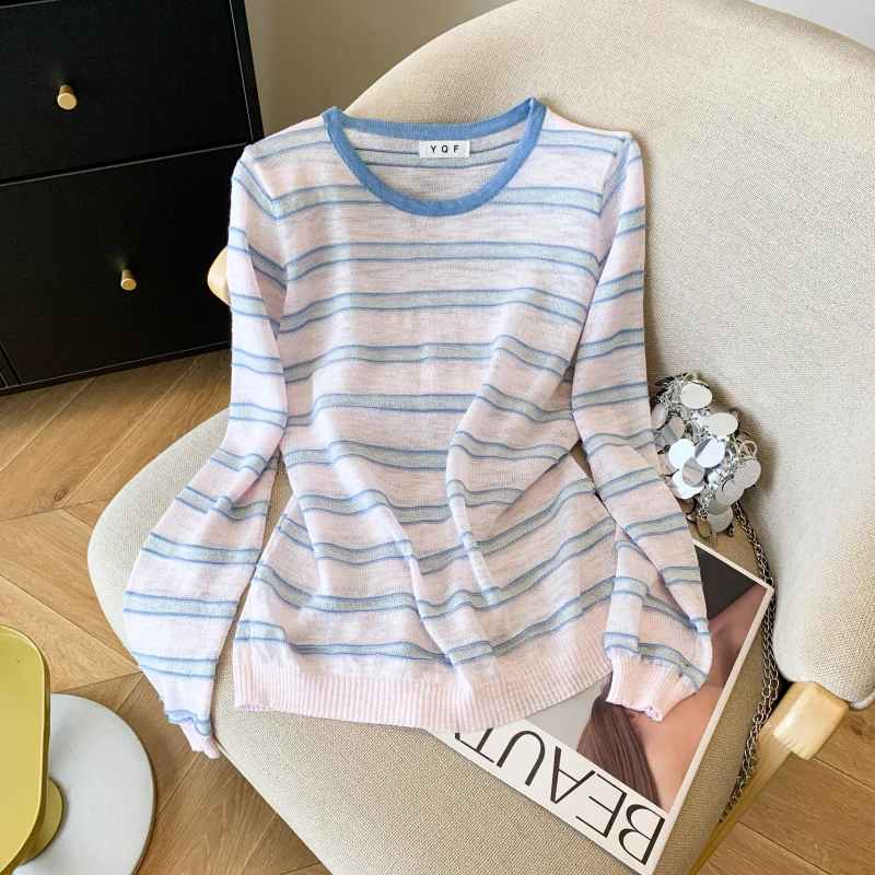 Women's Pink Striped T-shirt Long Sleeve Knit T-shirt Y2K Gyaru Knitwear Korean Retro Sun Protection Top for Women Summer 2026