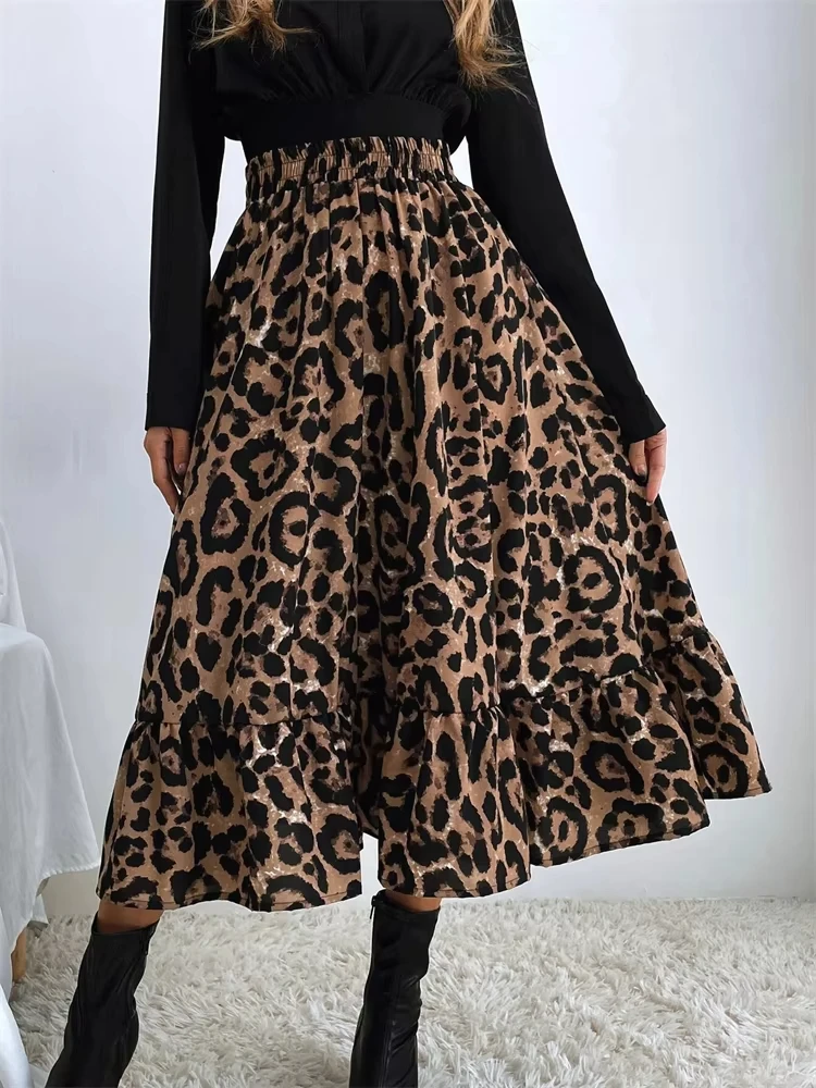 High Waist Leopard Midi Skirt For Women Casual Boho Printed Long Tulle Skirt Ladies 2022 Autumn New Chiffon A-line Skirt