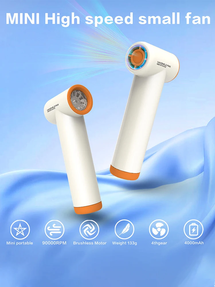 مروحة تربو محمولة باليد 90000 دورة في الدقيقة، مروحة فائقة السرعة مع 4 سرعات، 4000 مللي أمبير، بطارية شخصية قابلة لإعادة الشحن USB-C