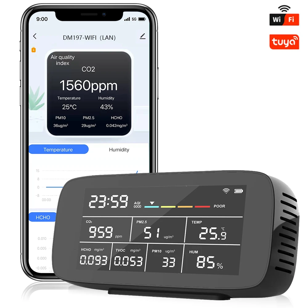 Multi-Gas Detector 9 IN 1 Air Quality Detector LCD Display CO2/PM2.5Temperature/Humidity Sensor Meter Tuya WIFI Connection