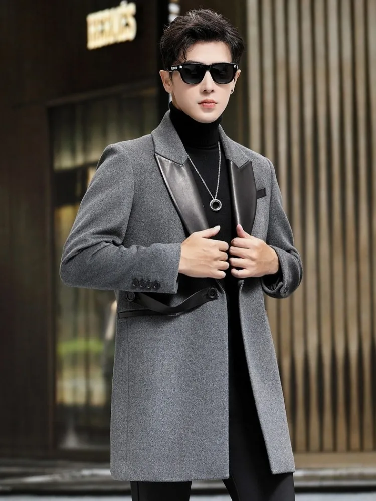 Fashion Mens Wool Coat Autumn Winter Spliced Sheepskin Middle Long Business Casual Suit Jacket Single Button Office Men Overcoat