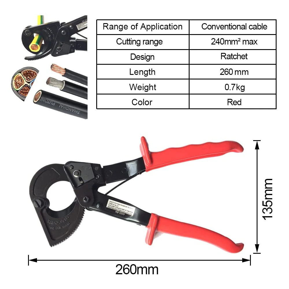 Imagem -03 - Resistente de Alumínio Cobre Catraca Cabo Profissional Cortador de Cabo Ferramenta 240 mm Ratcatraca Fio Corte Mão Ferramenta Hs325a