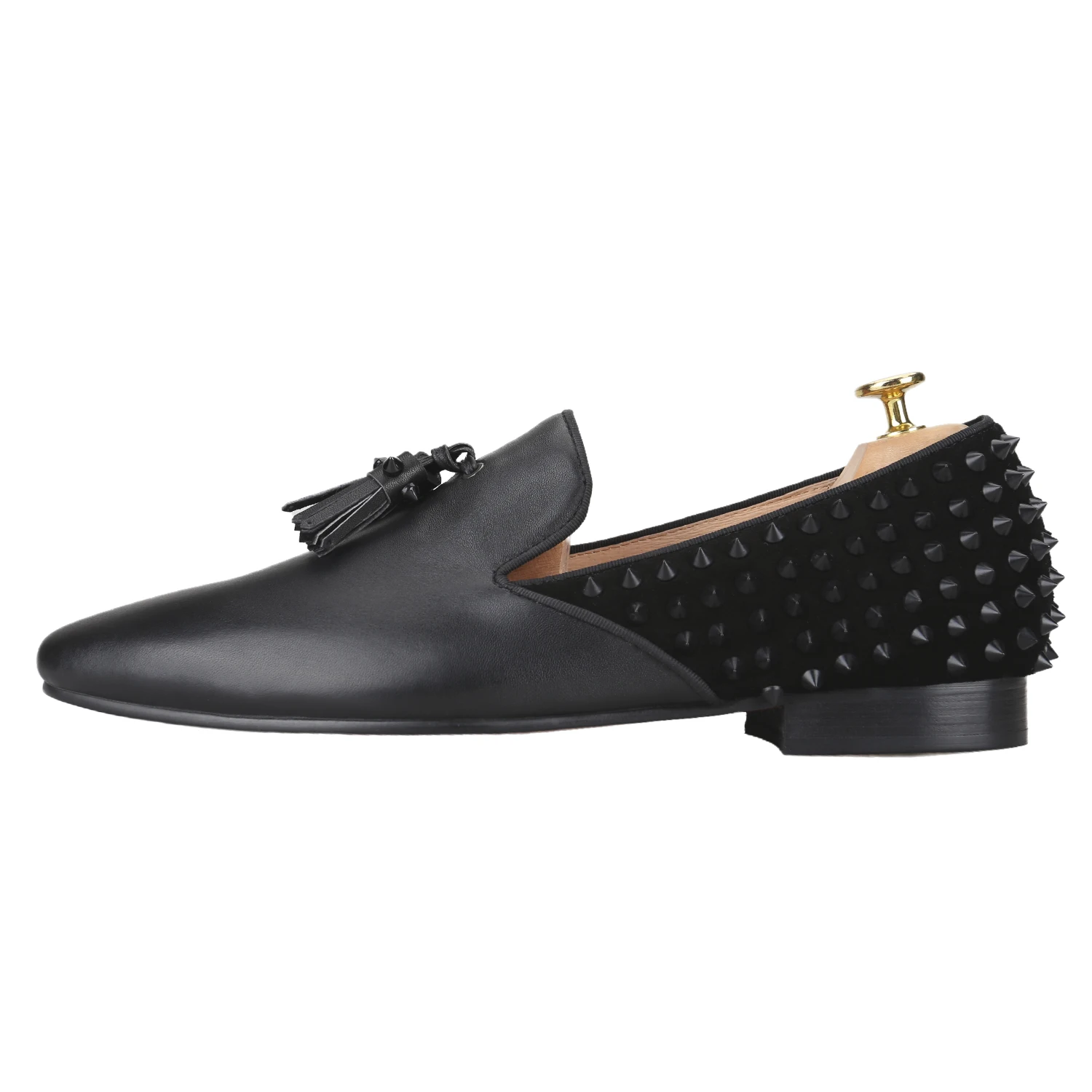 Piergitar Classic Model Black Cowskin Slip-On Loafer With Handmade Spikes And Tassels CL Brand Same Red Sole Men's Casual Shoes