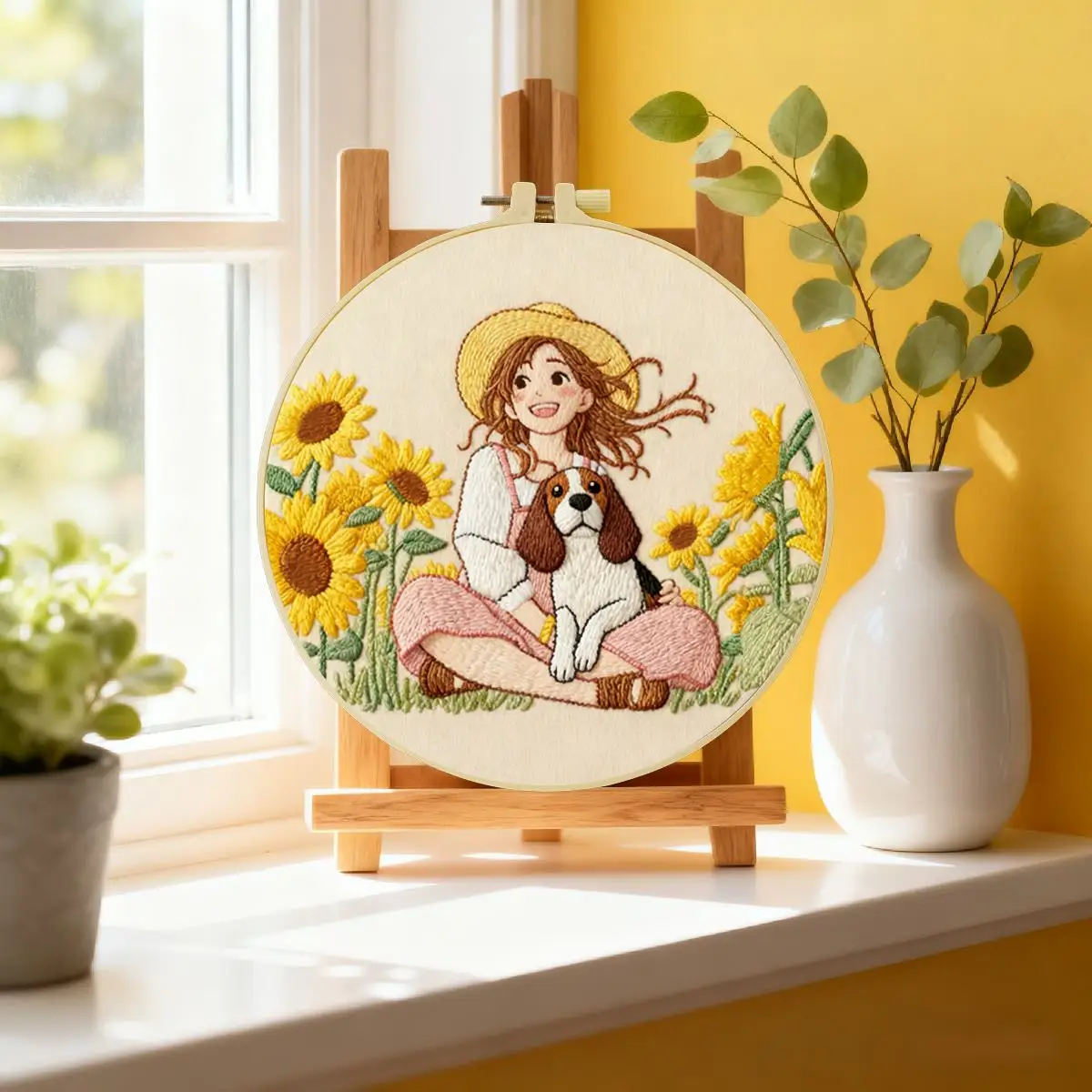 1 Stück 20X20CM/15X15CM 7,87/6,3 Zoll Mädchen und Hund Stickerei Starter-Kit DIY-Kit DIY-Stickerei-Set Handarbeiten Heimdekoration – Detail 1
