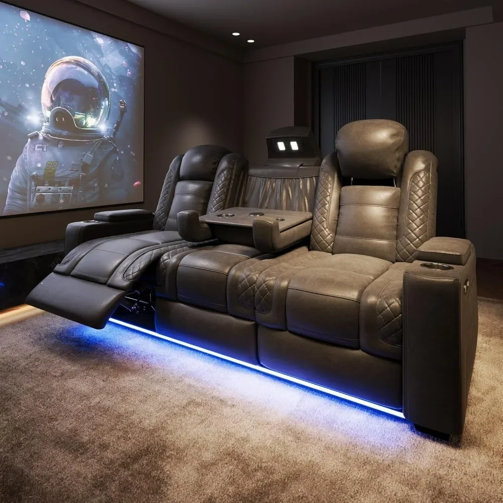 Home Theater Seating, Movie Loveseat Recliner Chair with USB Wireless Charging, 3 Seats Recliner Sofa w/Electric Headrest