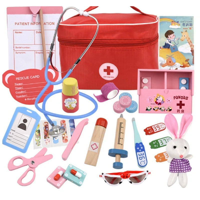 Brinquedos para crianças conjunto crianças de madeira fingir jogar kit jogos para menina menino vermelho dentista medicina caixa