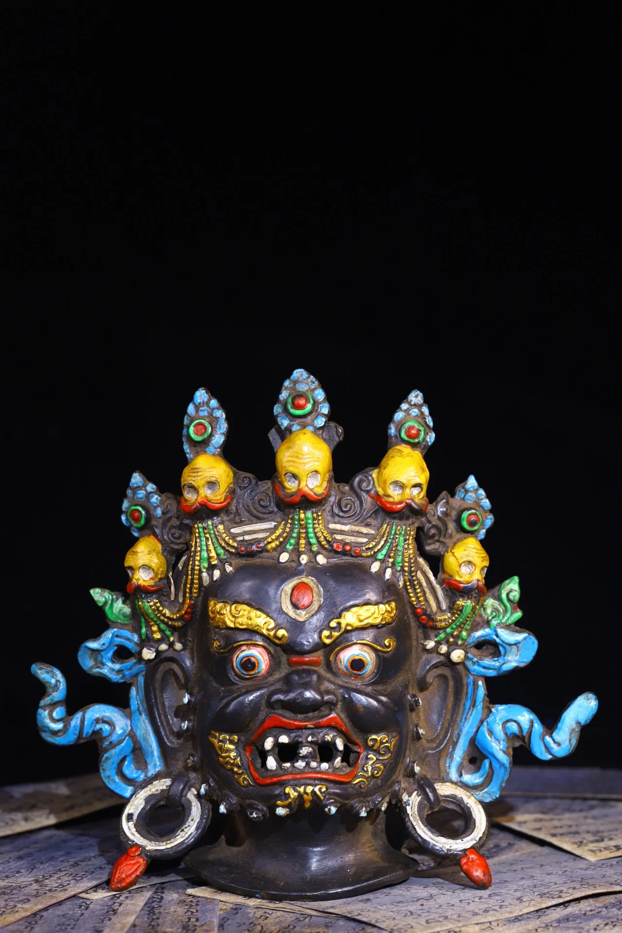 

8"Tibetan Temple Collection Old Bronze Cinnabar Painted Mahakala Buddha Head Skull Mask Amulet Dharma Worship Hall Town house