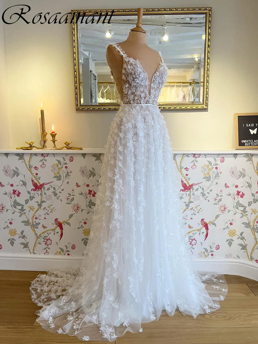 

Luxury Illusion Sleeveless Beading Lace A-Line Wedding Dresses Spaghetti Straps 3D Flowers Bridal Gowns Robe De Mariée
