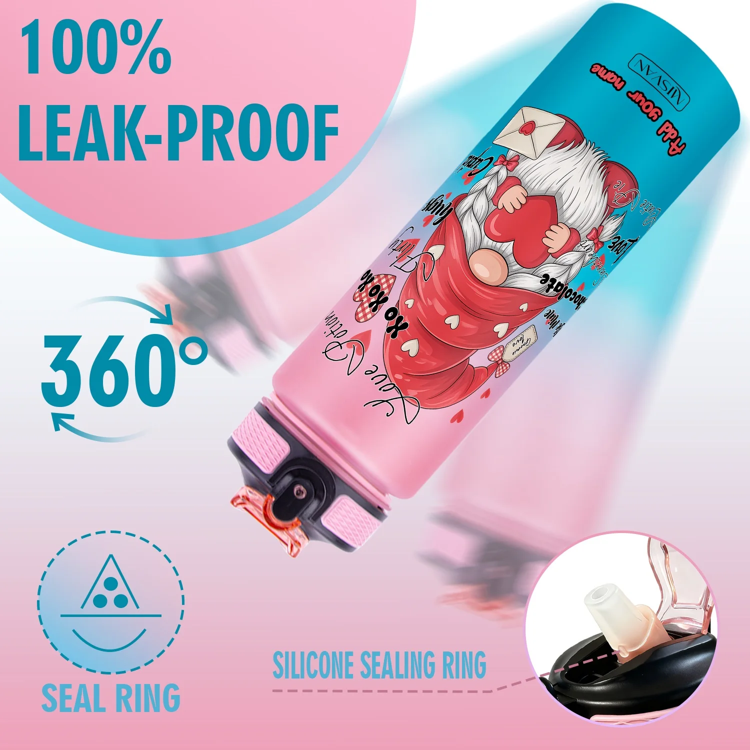 1개, 하트 봉투 발렌타인 디자인의 사랑의 노움, 32온스 그라데이션 물병-누수 방지, HD 비탈락 패턴, 완벽한 선택