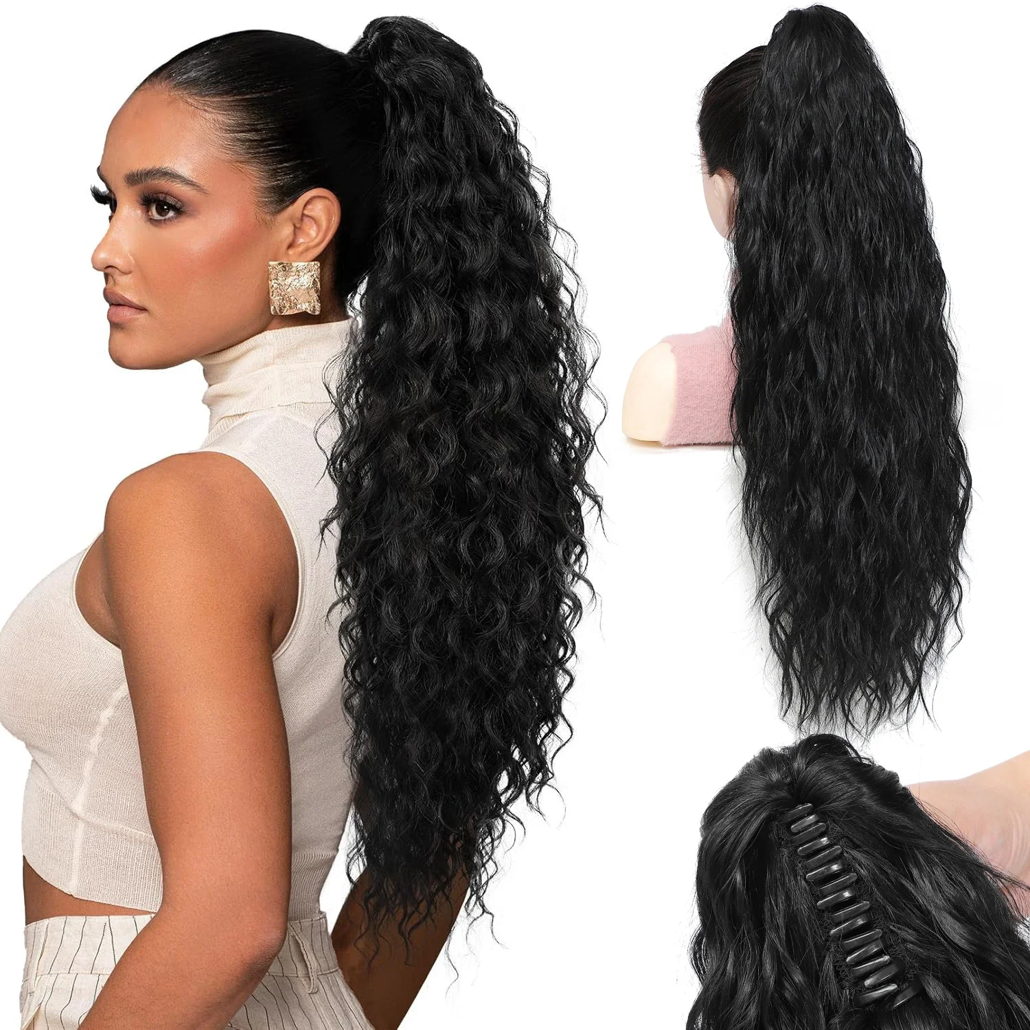 Long Curly Claw Clip Ponytail Extensions for Women Natural Wavy Clip in Pony tail Hairpiece Synthetic black Fake Pony Tails Hair