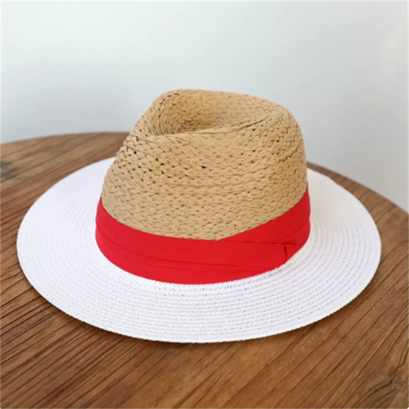 Vintage straw hats men's and women's coffee white color-blocked top hats summer shade versatile sunscreen raffia flat-brimme