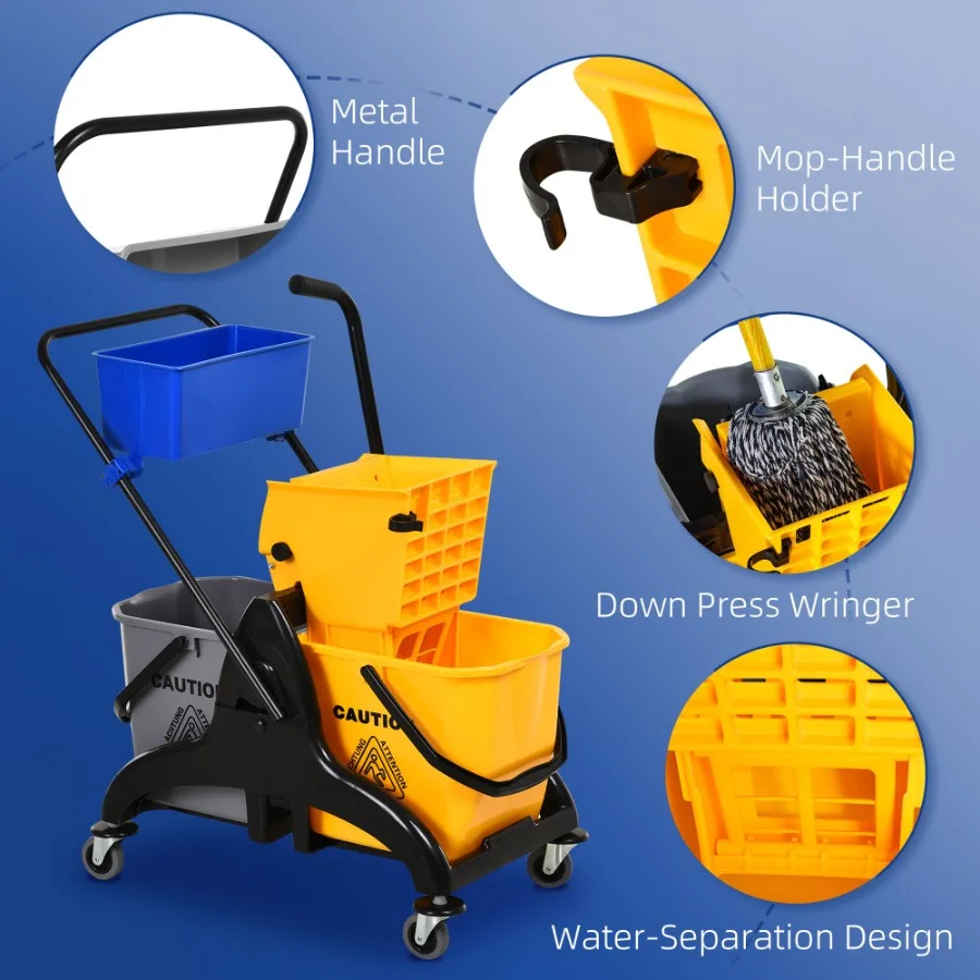 6.9 Gallon Mop Bucket Wringer Cart Easy Side Press Yellow Black Smooth Wheels MopHandle Holder