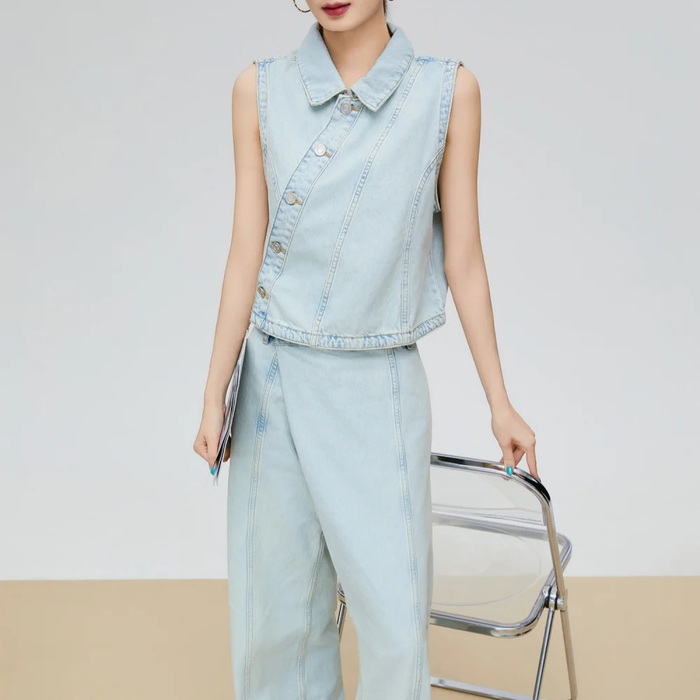 Turn Down Collar Diagonal Breasted Buckle Sleeveless Top Casual Niche Cross Waist Head Jeans Women's Sweet Cool Denim Set
