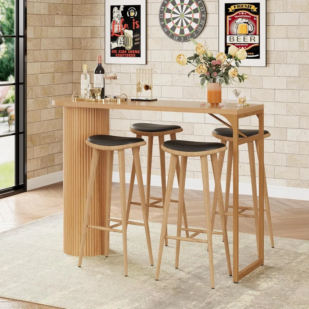 

55" Long Bar Table, Fluted Wood Counter Height Pub Table, High Top Kitchen Breakfast Bar Tables with Sturdy Metal Frame, Modern