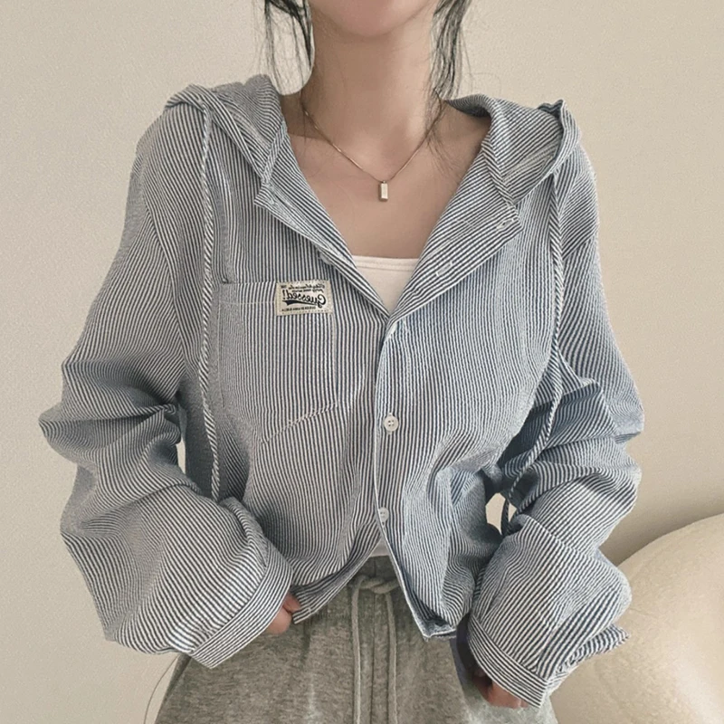 

Retro Chic Long Sve Striped Hooded irt Jaet Women's Casual Loose Fit Outerwear Letter Patch ket Autumn New Sle