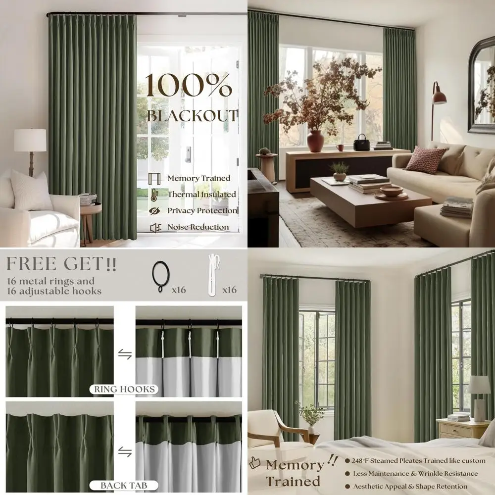 

Оливково-зеленые двухслойные плиссированные шторы с эффектом полного затемнения (100%), с кольцевыми крючками, длина 96 дюймов, для спальни и гостиной