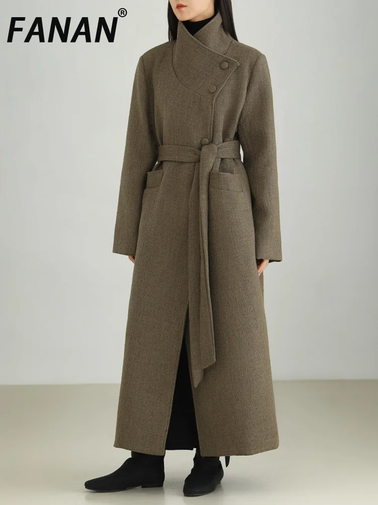 

FANAN Women's Elegant Belt Gathered Waist Trench Stand Neck Single Breasted Long Windbreaker Female Coats 2025 Spring New
