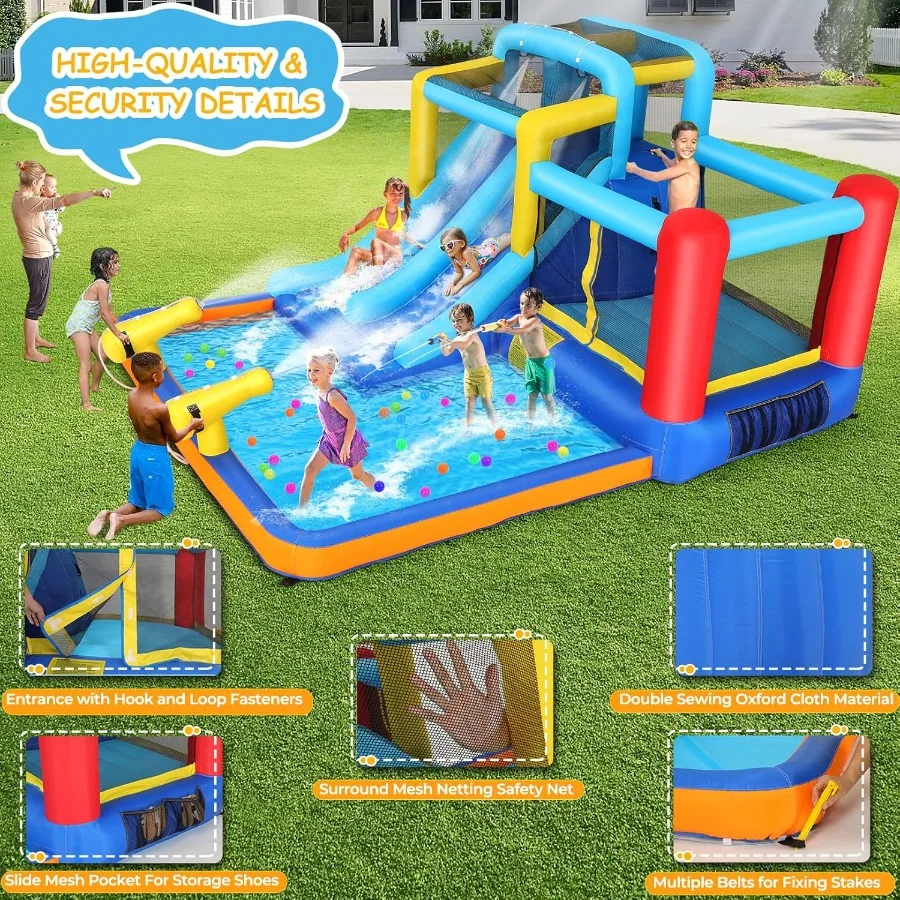 12x10 FT Inflatable Dual Slide Water Bounce House for Backyard Jump and Slide Inflatable Water Park w 2 Slides Giant Splash Poo