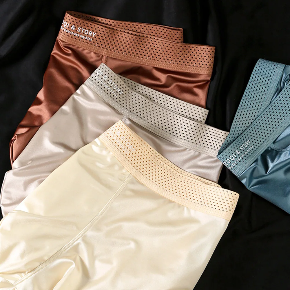 

Men's Breathable Underwear Trunks Satinlike Ice Silk Material Smooth Fit Hollow Out Waistband Soft Fabric Design