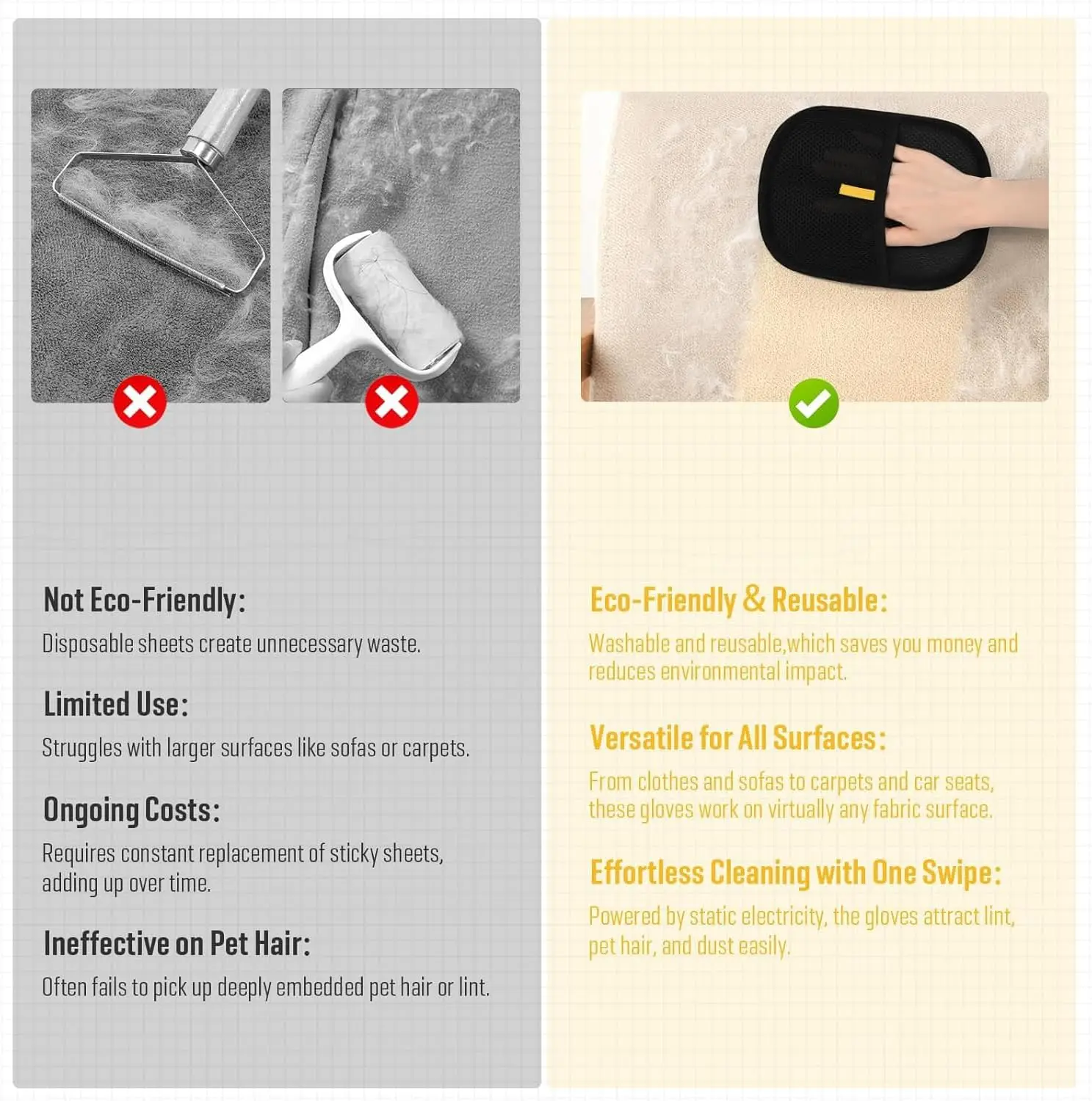 고양이 & 강아지 털 제거 장갑, 세탁 가능한 강아지 고양이 그루밍 장갑, 가정, 자동차 내부용 재사용 가능 애완동물 털 제거 도구