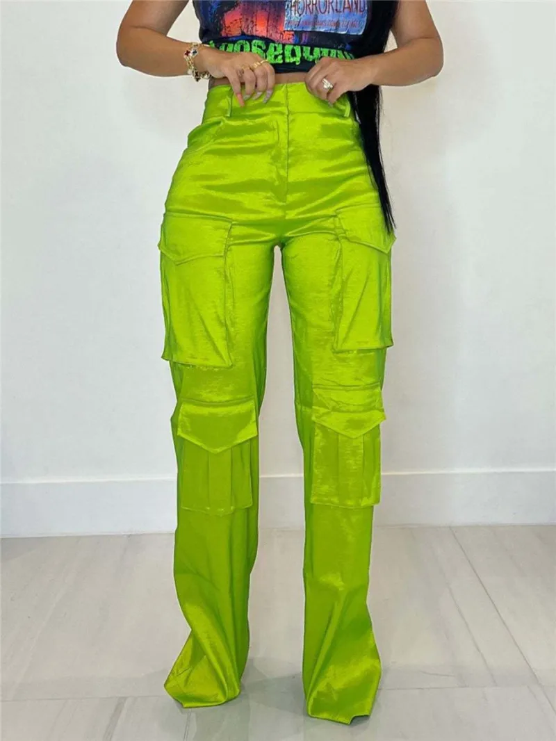 

Fashion Streetwear Cargo Pants For Women High Waist Multi Pockets Casual Straight Trousers Green Hipster Vintage Wide Leg Pants