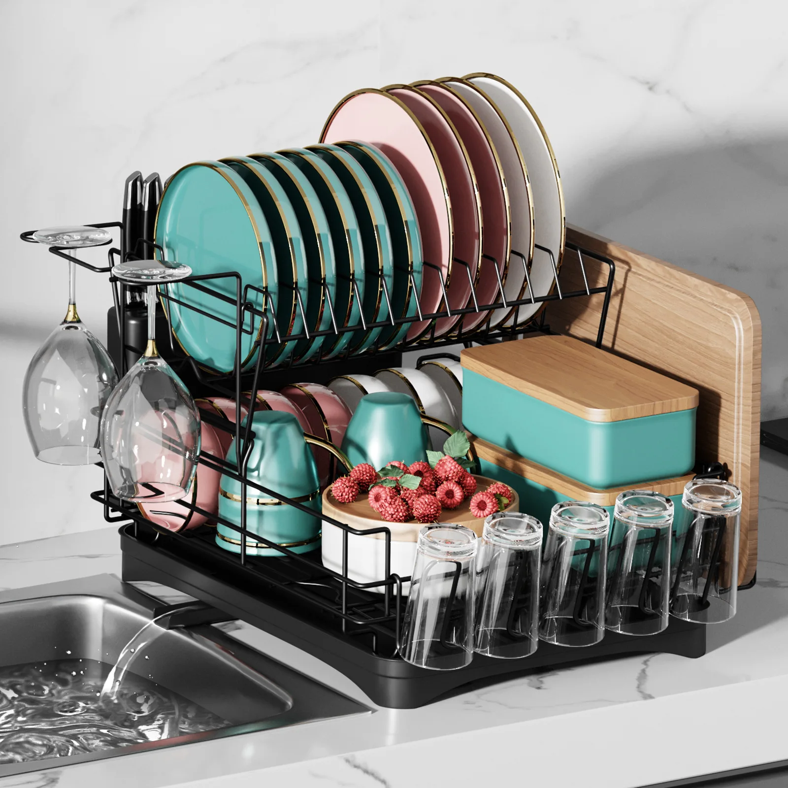 Space Saving Metal Large Capacity Multi-functional Double-tier Kitchen Organizer Dish Drying Rack Storage Rack organization