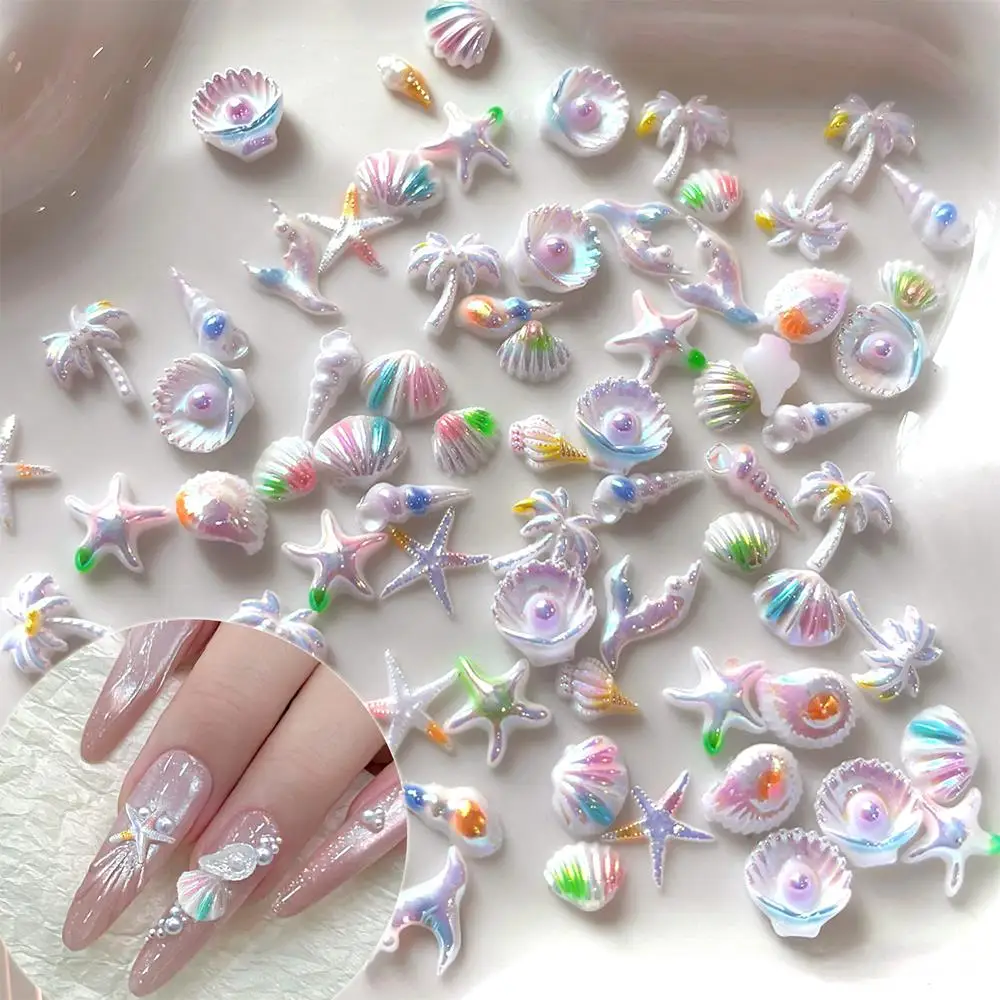 50Pcs 3D Iridescent Ocean Series Nail Charms Mixed Shell Starfish Conch Coconut Tree Nails Decoration Summer Manicure Accessorie
