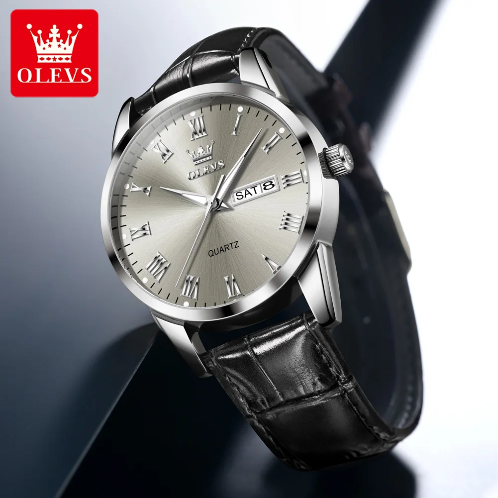 OLEVS 5892 Men Women Quartz Movement Watch Night Light Function Leather Strap 30m Waterproof Calendar Window Display Watch