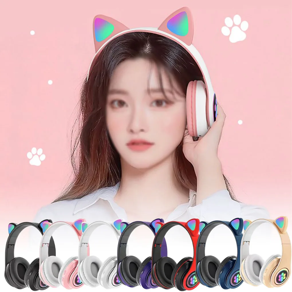 Flash Light Cute Cat Ears Wireless Headphone with Mic control LED Girl Stereo Music Helmet Phone Bluetooth-compatible Headset