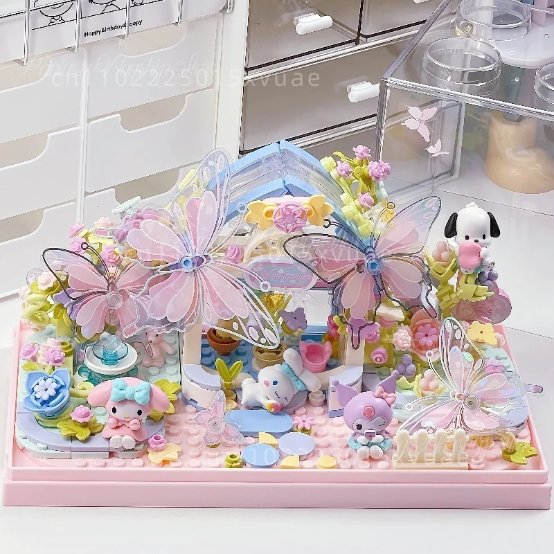 

Новые строительные блоки Sanrio, бабочка, сад, сборка, сделай сам, модель коробки, украшение для рабочего стола, коллекция для девочек, высокая красота, подарок на день рождения