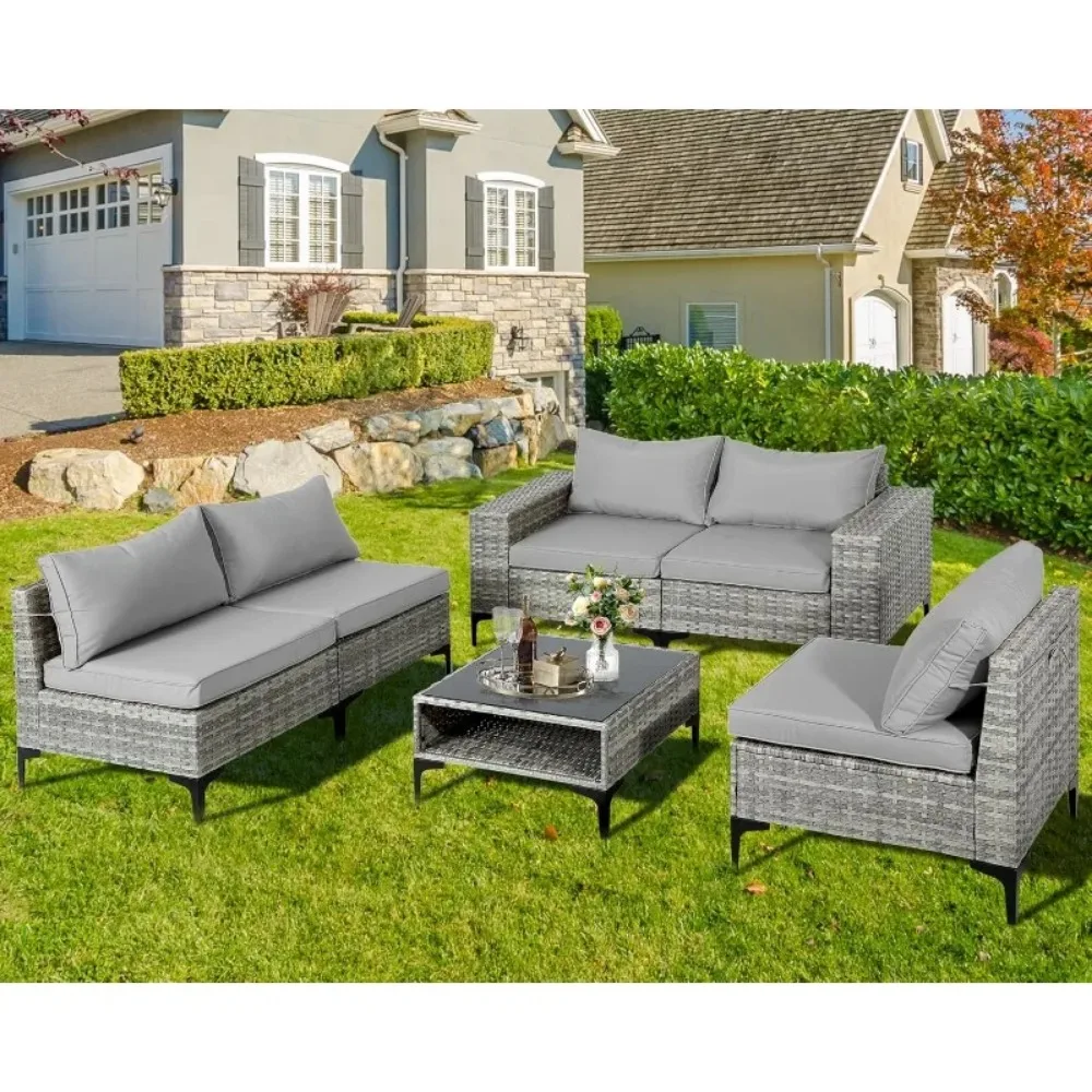 

6 Pieces Patio Furniture Sets Outdoor Sectional All Weather Manual Weaving Wicker Patio Seating Sofas with Cushion Glass Table