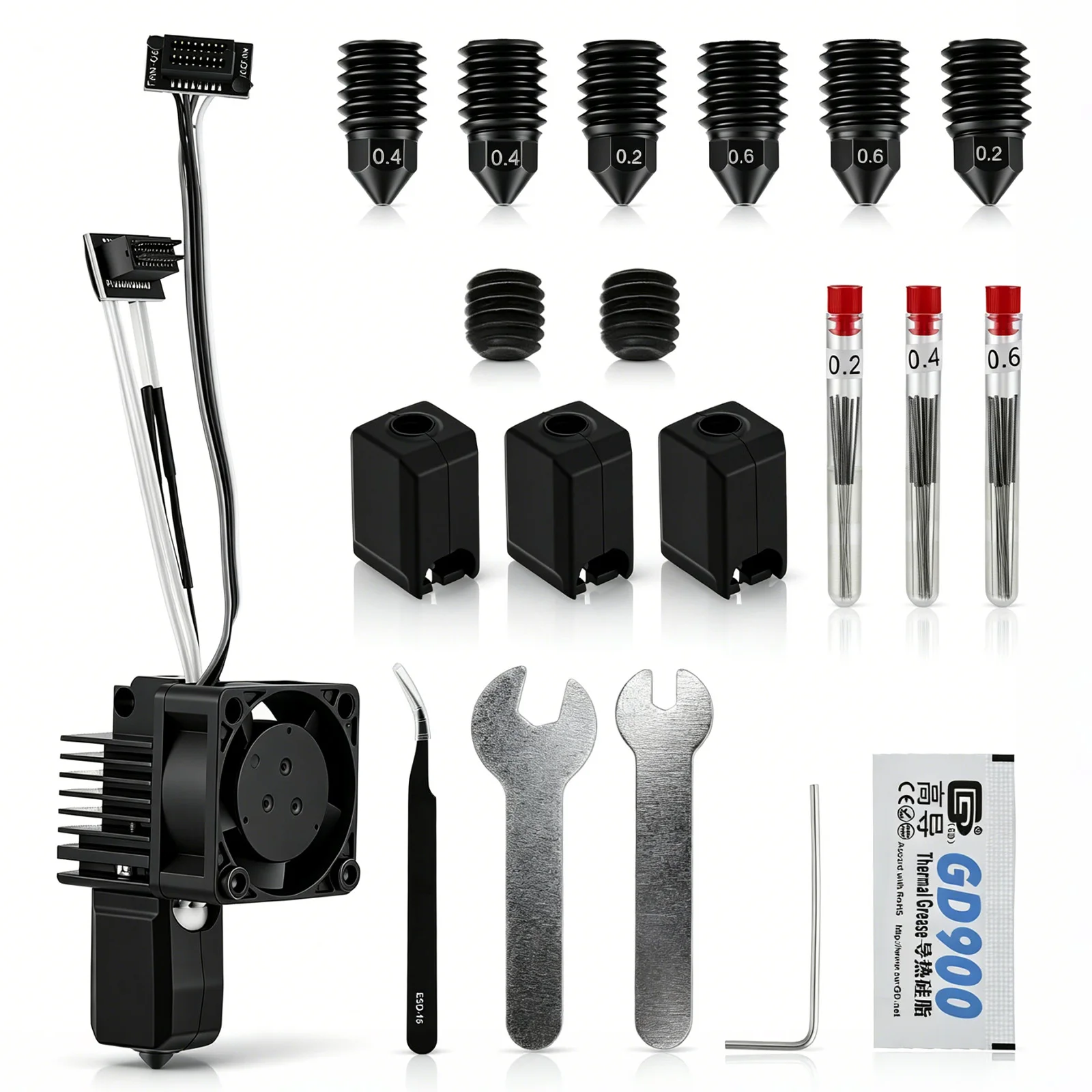 Hotend-Kit für Bambu Lab P1S P1P 3D-Drucker, Komplette Druckkopf-Baugruppe mit 0,2/0,4/0,6mm Düsen (je 2 Stück), 24-teiliges Düsenreinigungsnadeln-Wartungswerkzeug-Set
