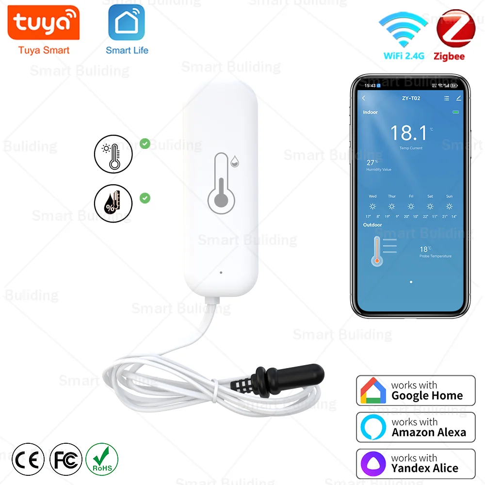 Tuya Zigbee WiFi Temperature Humidity Sensor with External Probe High Accuracy SmartLife Remote Monitor for Plants Aquarium Pool