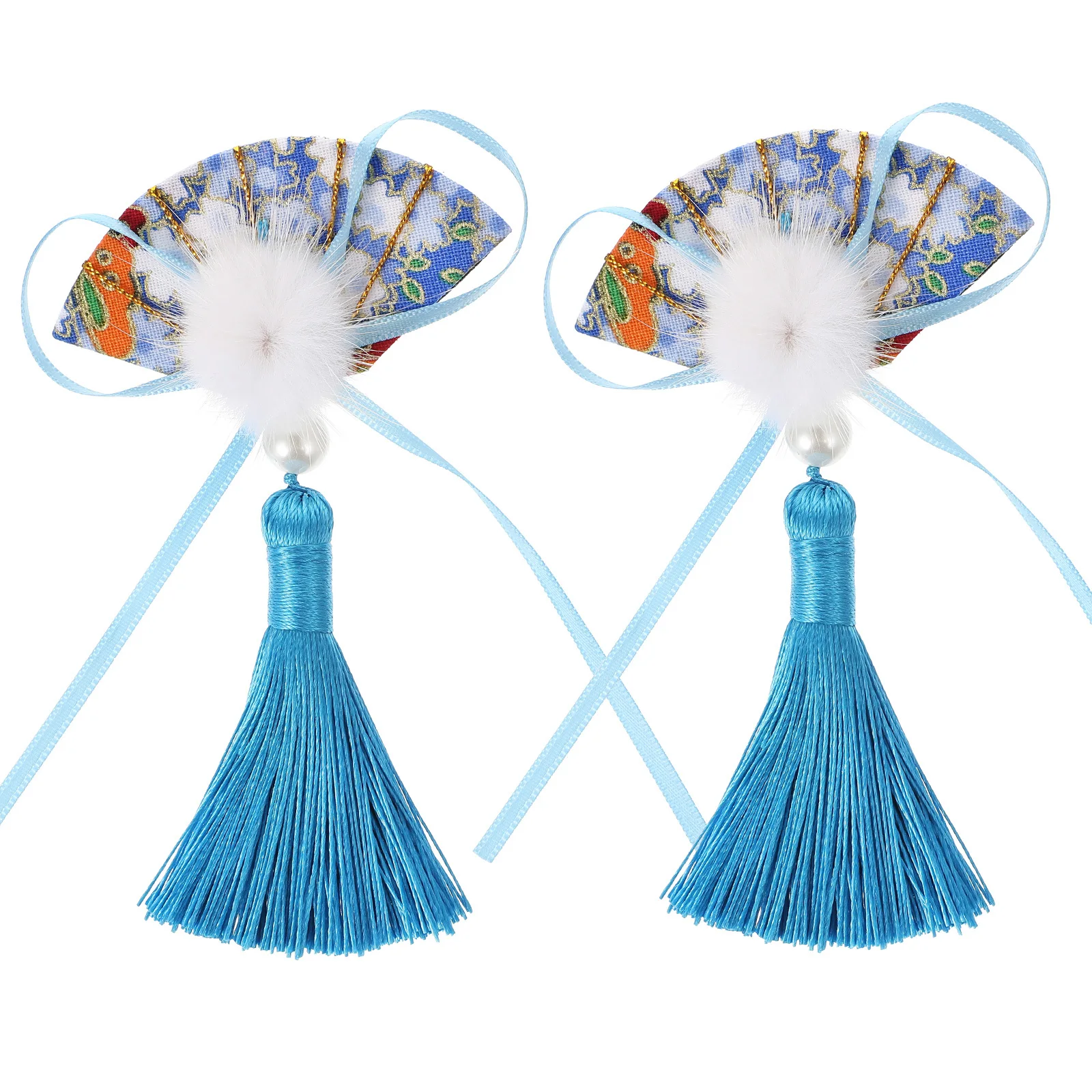 

1Pair Fan Shape Tassels Hair Clips New Year Cloth Hair Pin Headdress Festival Party New Year Headdress Headband Decor