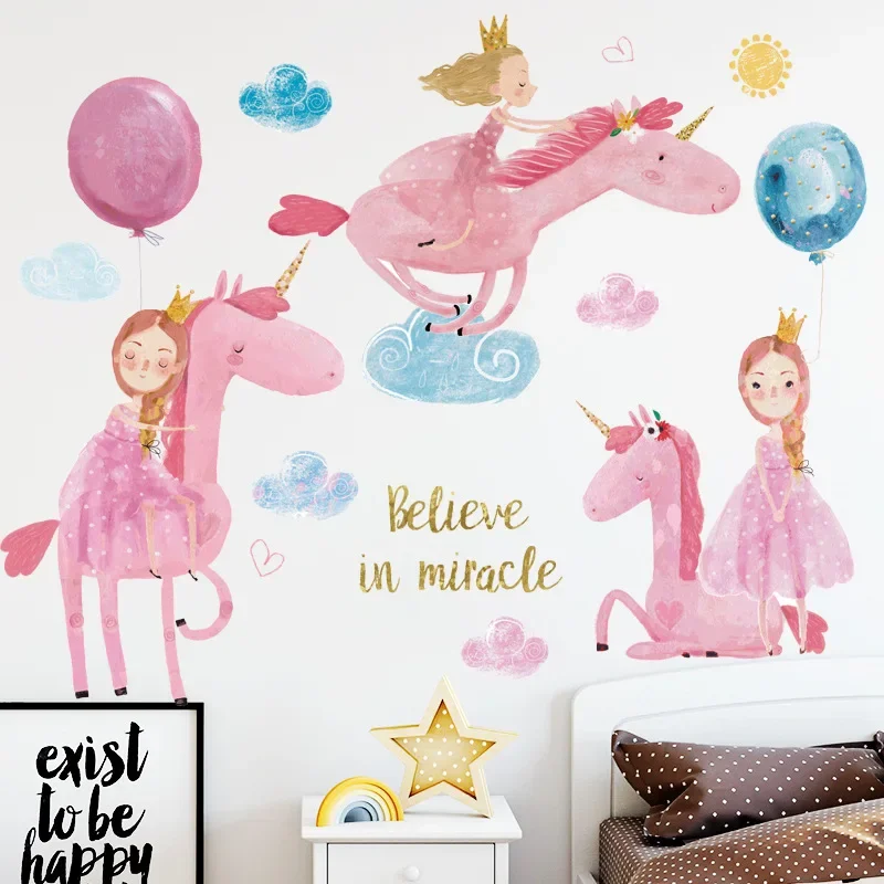 Unicorn Fairy Pink Girl's Heart Wall Stickers Children's Room Kindergarten Early Education Playground 3D Art Mural Bedroom